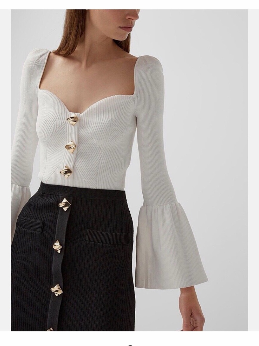 Self-Portrait Cream Ribbed Button-Front Knit Top - Picture 3 of 11